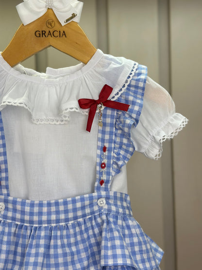 Jardineira Bebê Clássica Xadrez Azul Body Branco Golinha - Roana