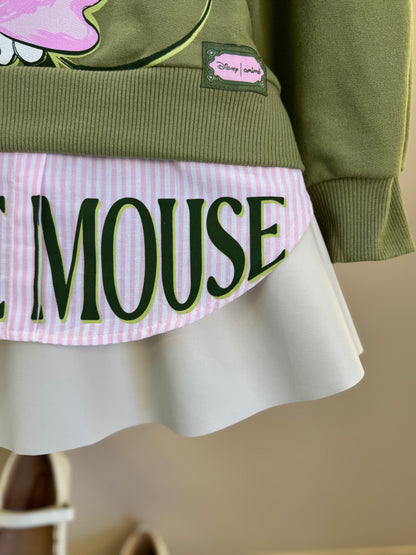 Conjunto Infantil Casaco Minnie Mouse Verde Forest e Saia Couro Tech Bege Vanilla - Animê
