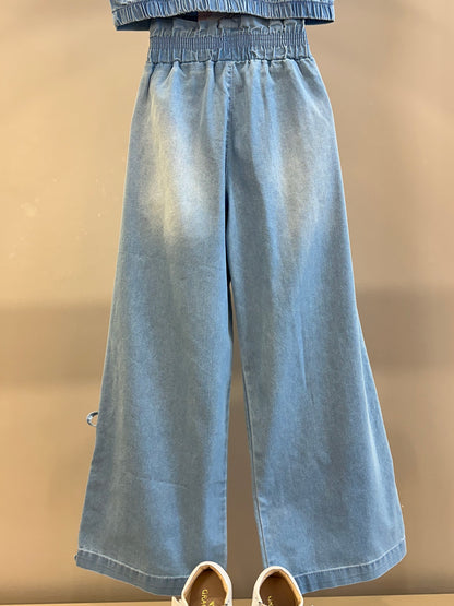 Conjunto Infantil Cropped Maxi Laço Renda e Calça Wide Jeans - Gabriela Aquarela