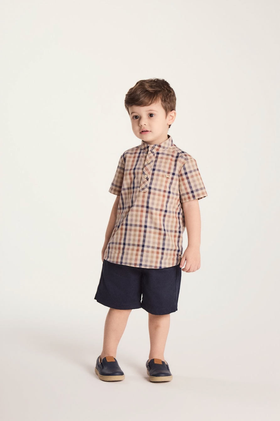 Conjunto Infantil Camisa Gola Padre Xadrez Fio Tinto e Bermuda Sarja Marinho - Um Mais Um
