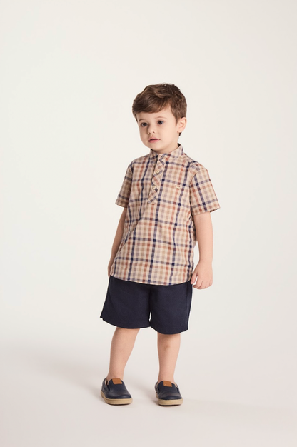 Conjunto Infantil Camisa Gola Padre Xadrez Fio Tinto e Bermuda Sarja Marinho - Um Mais Um