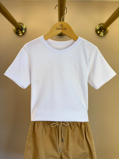 Conjunto Infantil Camiseta Branca e Shorts Bege - Dudes