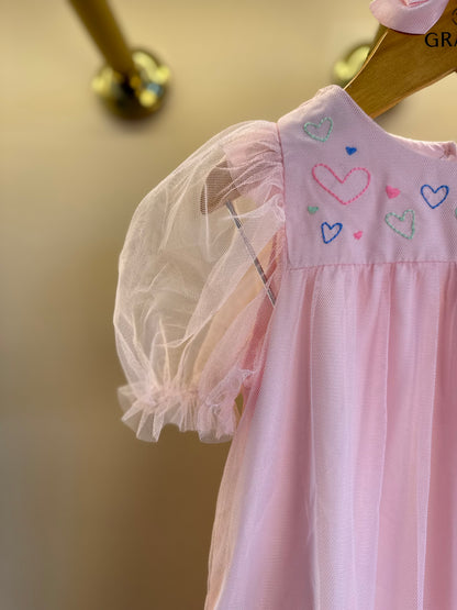 Vestido Infantil Trapézio Busto Bordado Corações Rosa - Mon Sucré