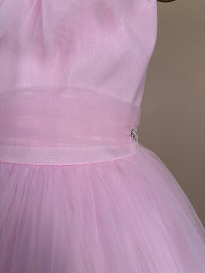Vestido Infantil Gola Bordada Em Tule Rosa - Petit Cherie