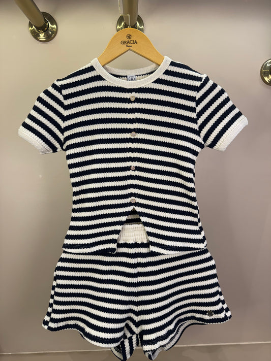 Conjunto Teen Blusa Malha Tricot Listrada com Botões e Shorts Listrado Preto - Two In