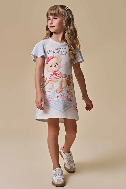 Vestido Infantil Molecotton Ursinho e Mangas Xadrez - Infanti - Pré Venda