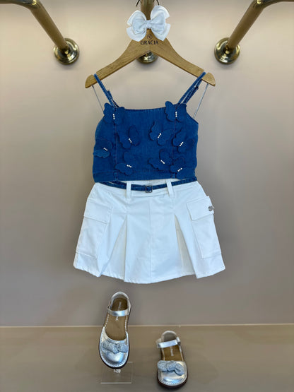 Conjunto Infantil Cropped Jeans Borboletas e Short-saia Cargo - Gabriela Aquarela
