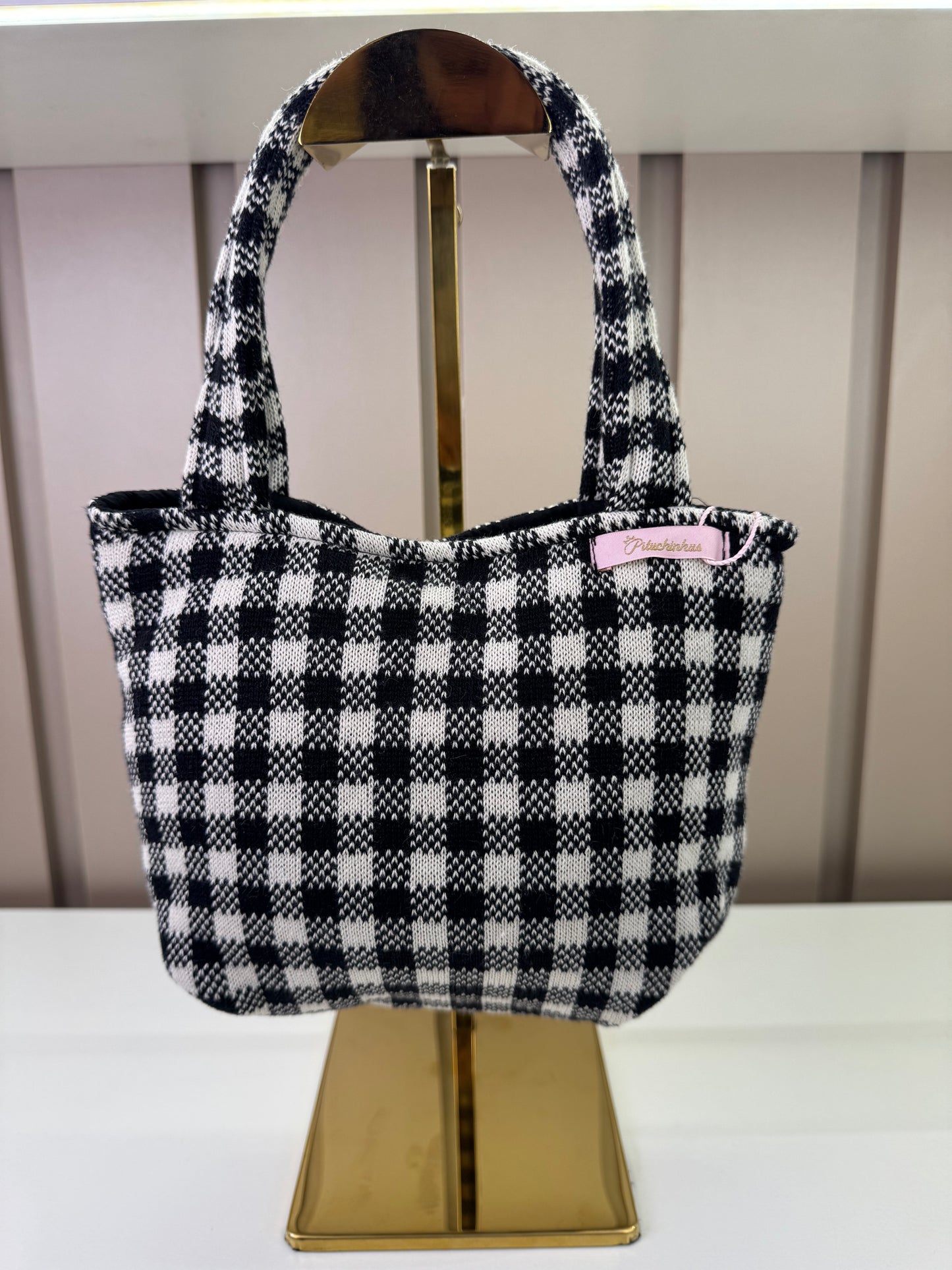 Bolsa Infantil Tricot Xadrez Laço Pérolas - Pituchinhus