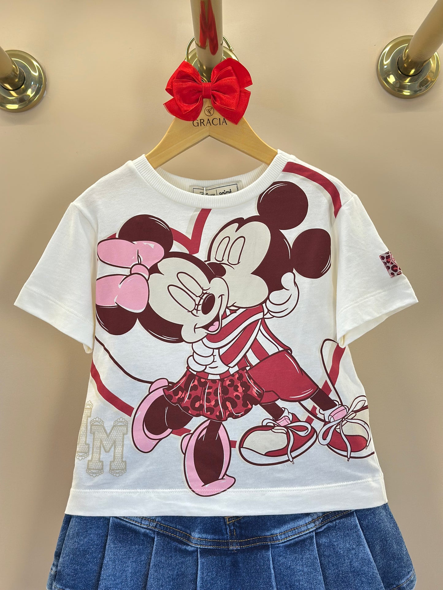 Conjunto Infantil Blusa Minnie & Mickey Berry Pérola e Saia-shorts Jeans Pregas - Animê