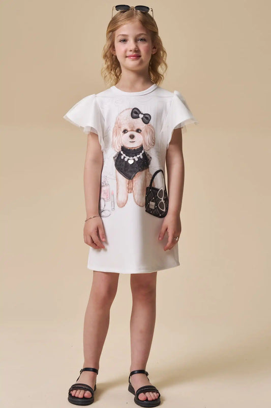Vestido Infantil Off White Estampa Cachorrinha e Mangas Em Tule - Infanti - Pré Venda