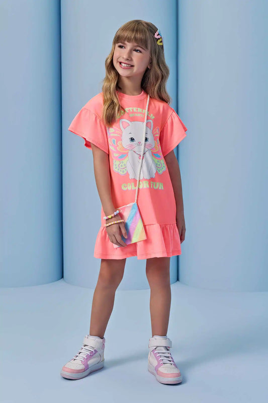 Vestido Infantil Rosa Neon Gatinha e Bolsinha Transversal Colorida - Infanti - Pré Venda