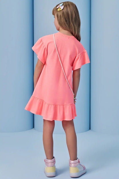 Vestido Infantil Rosa Neon Gatinha e Bolsinha Transversal Colorida - Infanti