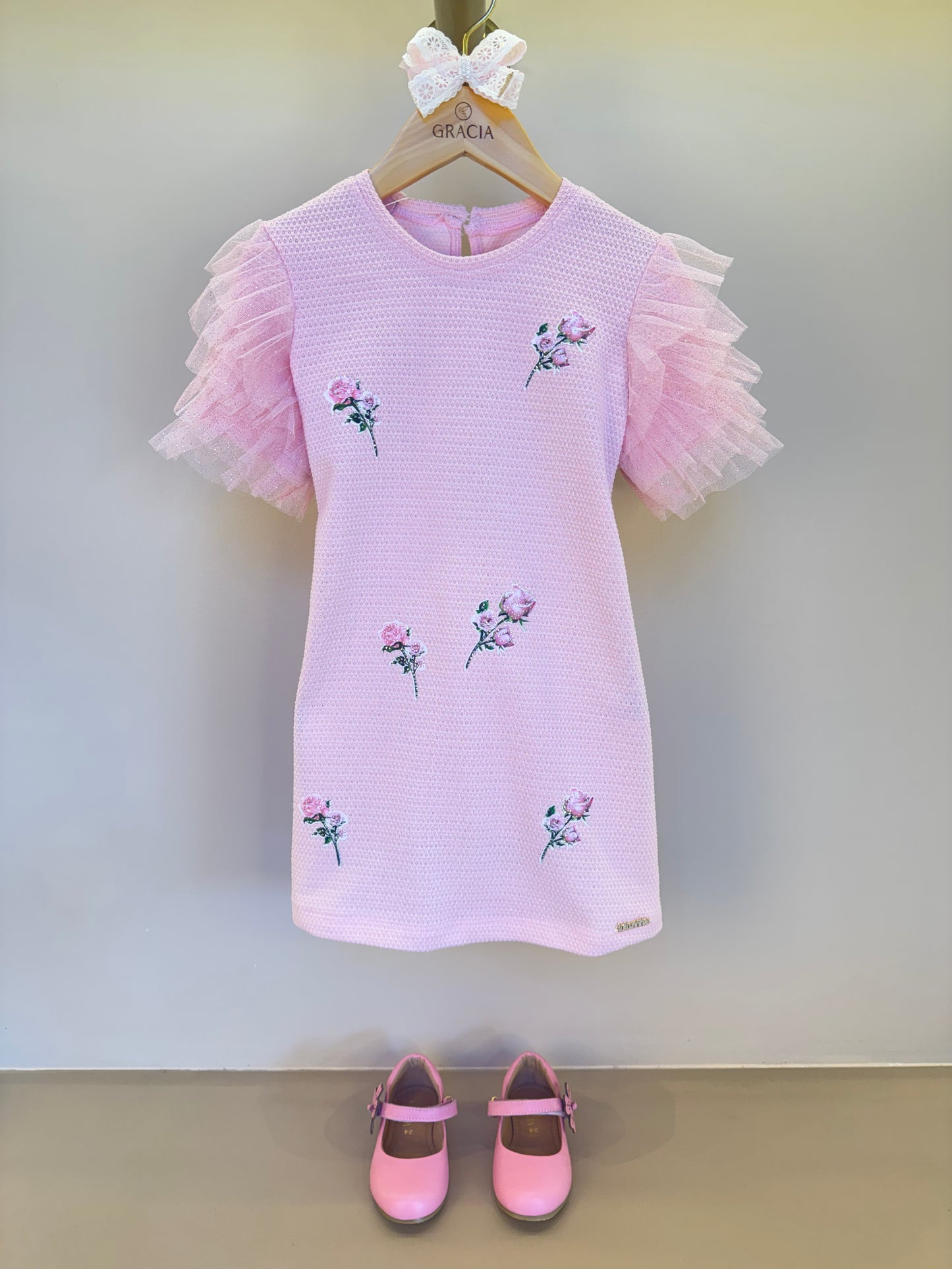 Vestido infantil Linha Malha Patch Flor Strass com Manga Babado Tule Glitter - Luluzinha