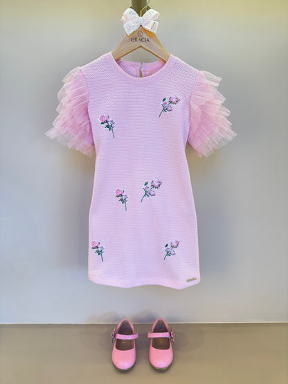 Vestido infantil Linha Malha Patch Flor Strass com Manga Babado Tule Glitter - Luluzinha