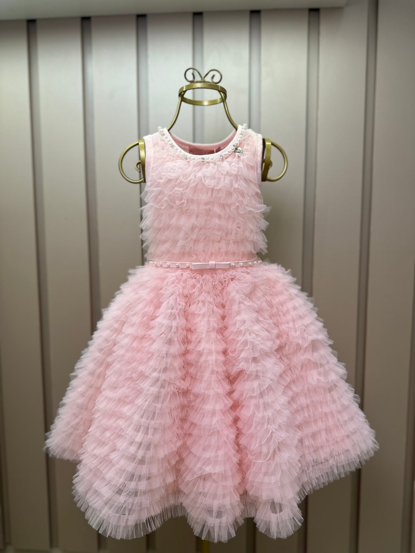 Vestido Infantil Conceito Frufru Tule Cinto Pérola Rosa Gelado - Pituchinhus