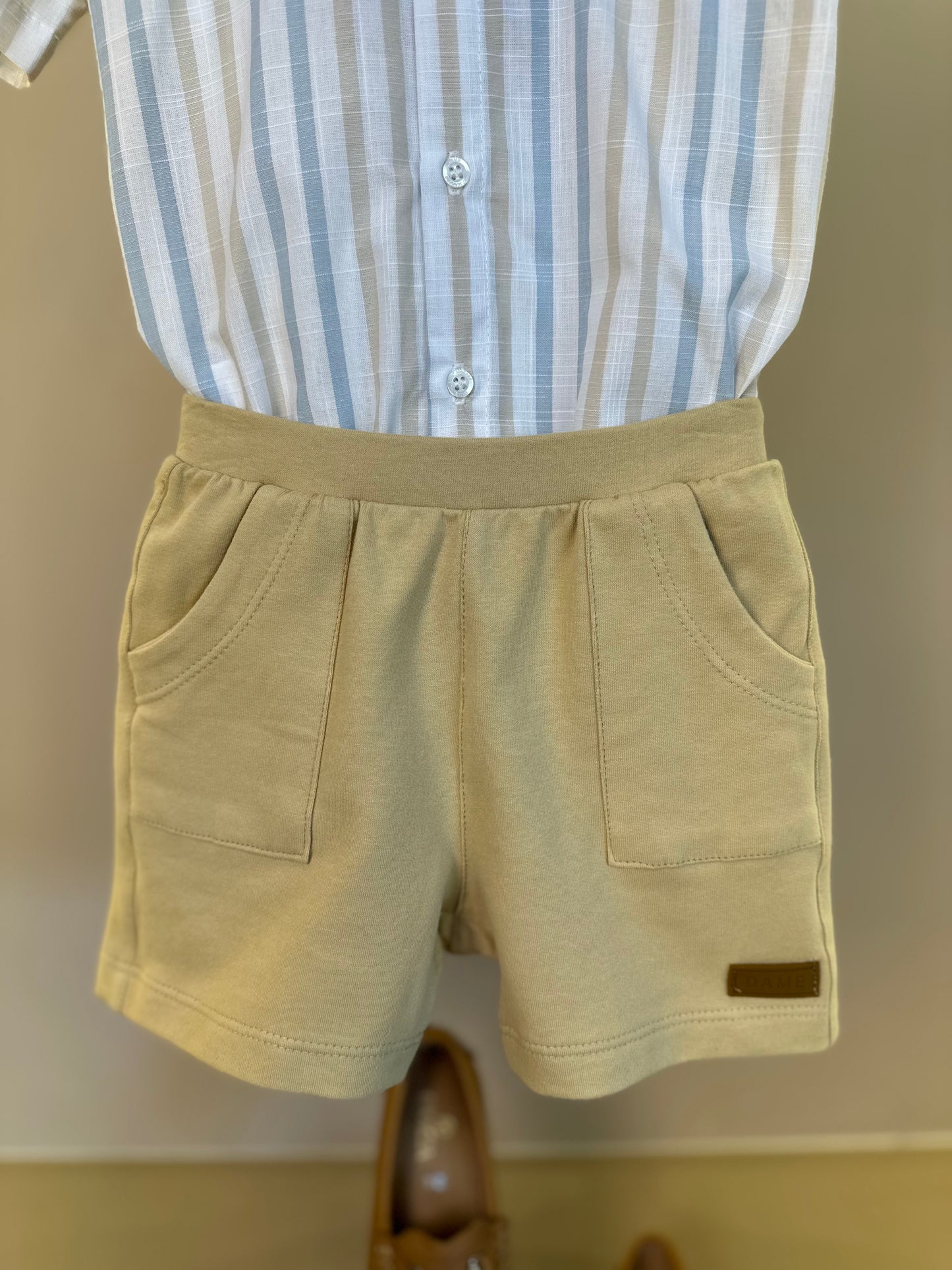 Conjunto Bebê Camisa-body Listras Azul/Amarelo e Bermuda Moletom Algodão Bege - Dame