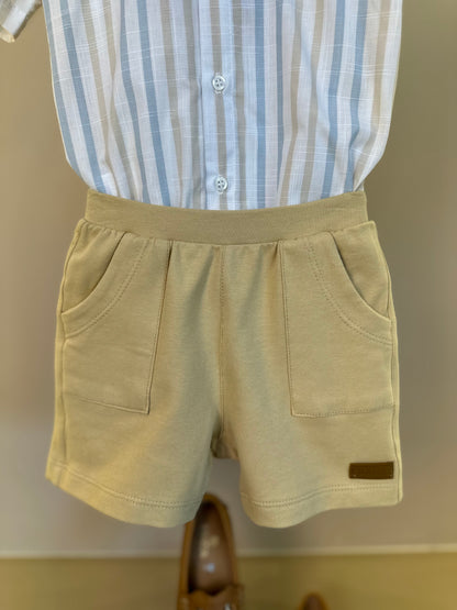 Conjunto Bebê Camisa-body Listras Azul/Amarelo e Bermuda Moletom Algodão Bege - Dame