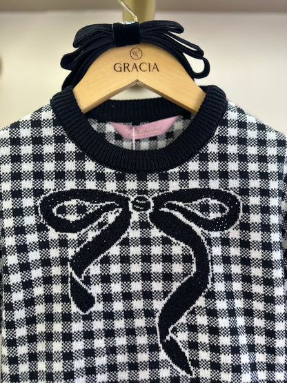 Conjunto Infantil Blusa e Calça Jogging Tricot Xadrez Laço Strass - Pituchinhus