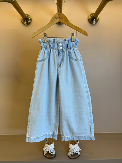 Conjunto Infantil Blusa Bordado Inglês e Calça Jeans Cós Clochard - Momi