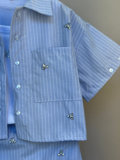 Conjunto Infantil  Saia Com Detalhes  Camisa Listrada Blusa Branca - Gabriela Aquarela