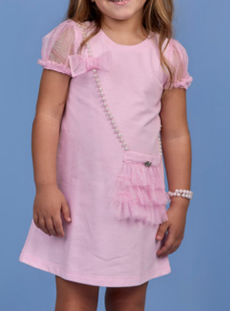 Vestido Infantil Comfy Rosa Bolsinha Tule Pérolas Rosa - Gabriela Aquarela