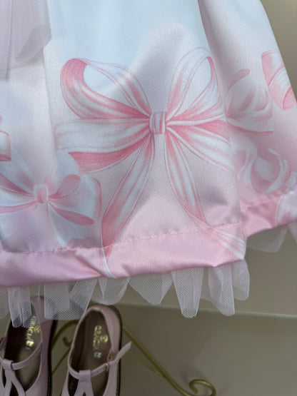 Vestido Infantil Laços e Pérolas Saia Tule Rosa - Petit Cherie