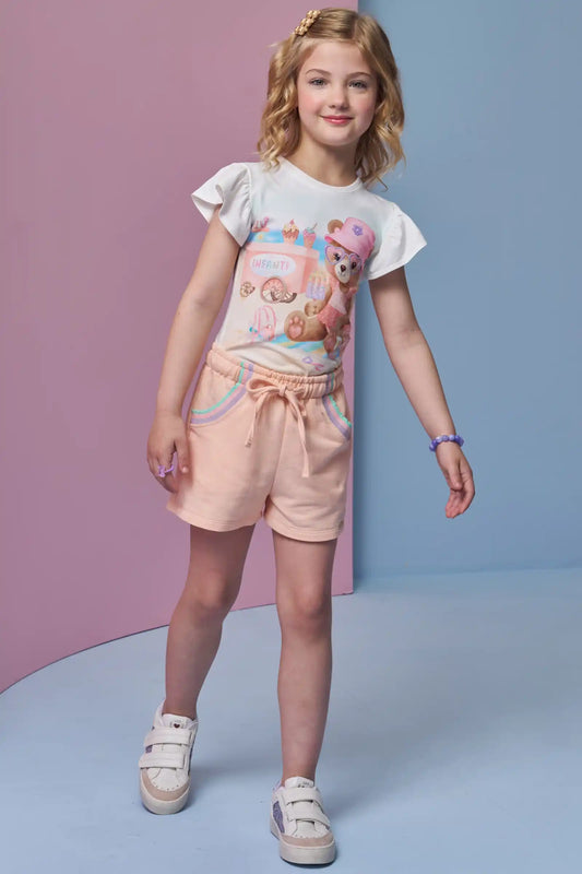 Conjunto Infantil Blusa Ursinha Com Strass e Shorts Moletom - Infanti - Pré Venda