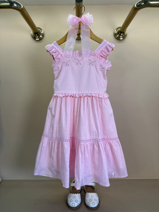 Vestido Infantil Algodão Bordado Pérolas Rosa Soft - Petit Cherie