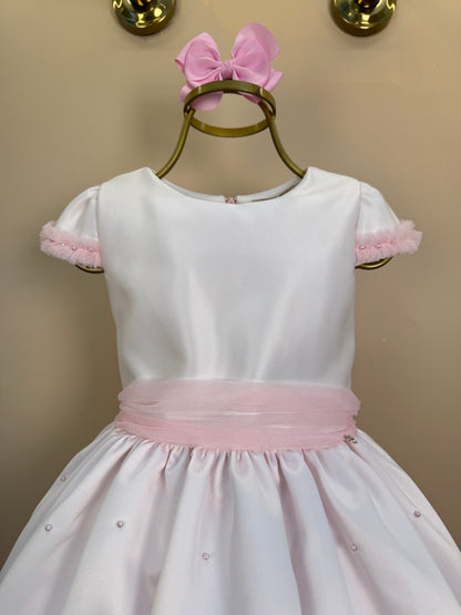 Vestido Infantil Laços e Pérolas Saia Tule Rosa - Petit Cherie