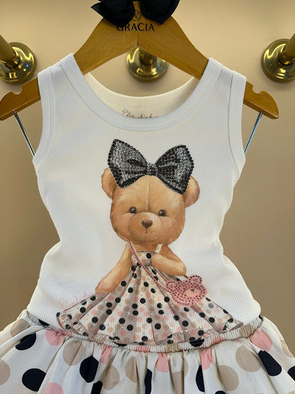 Conjunto Infantil Regata Ursinha Vestido de Poá e Short Com Babados Algodão Estampa Poá Colorido - Pituchinhus