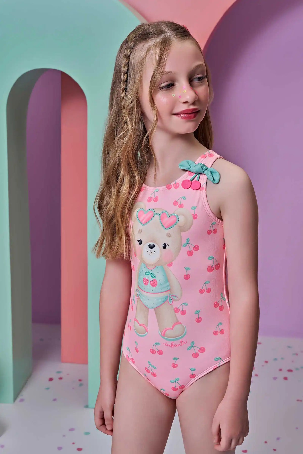 Maiô Infantil Rosa Est. Ursinha e Cereja - Infanti