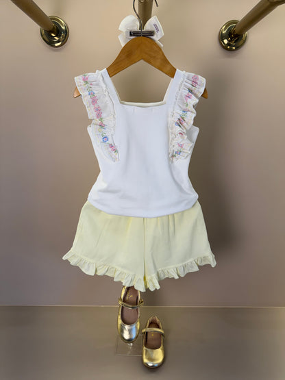 Conjunto Infantil Blusa Strass Estampa Florais Mangas Babadinho e Shorts Amarelo - Petit Cherie