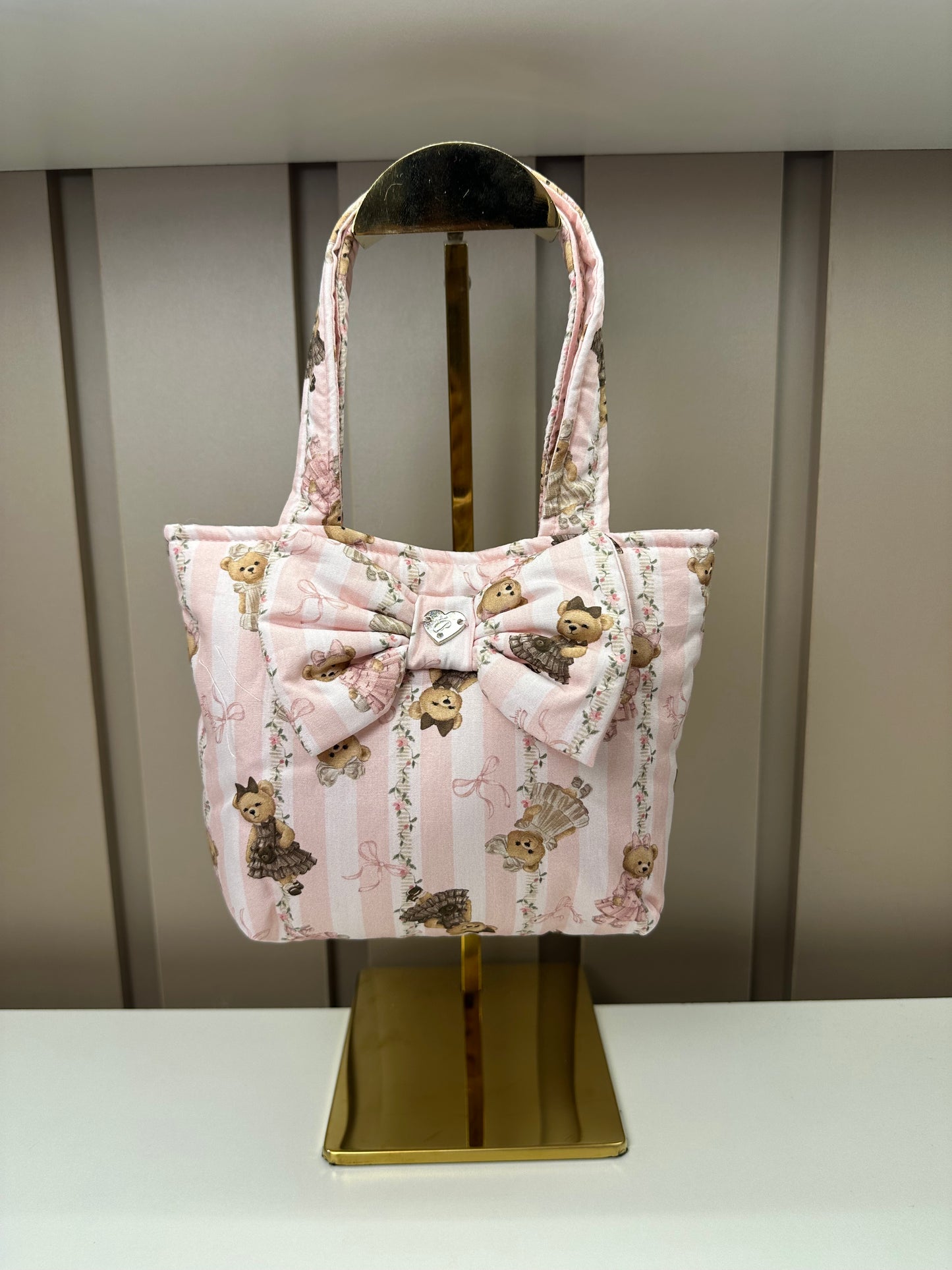 Bolsa Infantil Puffer Estampado Laço Ursinho e Lista - Pituchinhus PRÉ-VENDA