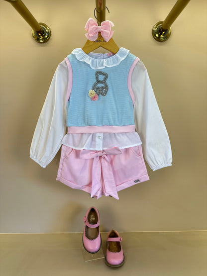 Conjunto Infantil Blusa ML com Tricot Azul Ursinho Cristal e Shorst Rosa - Gabriela Aquarela