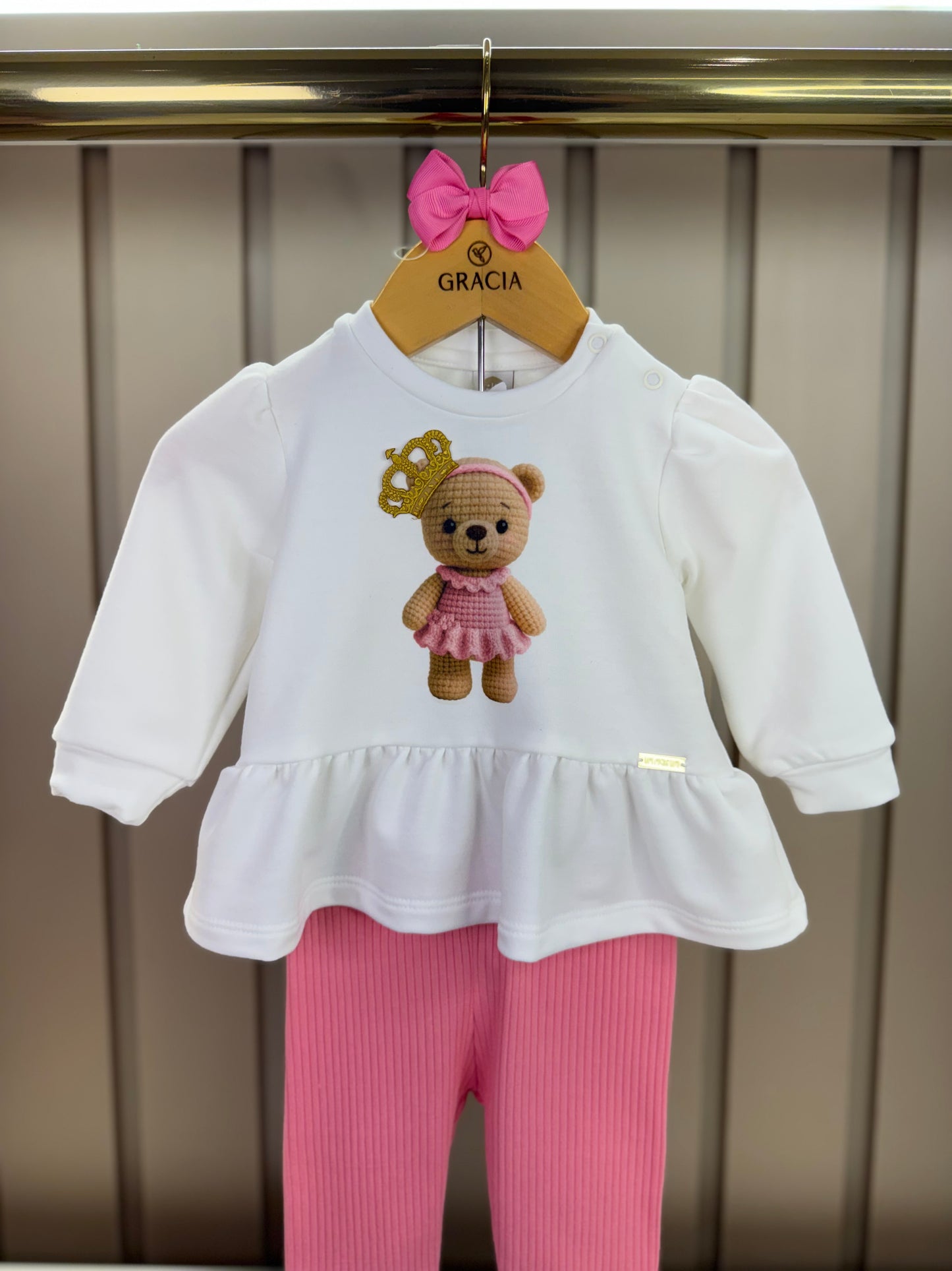 Conjunto Bebê Blusa Moletinho Urso e Calça Legging Canelada - Um Mais Um
