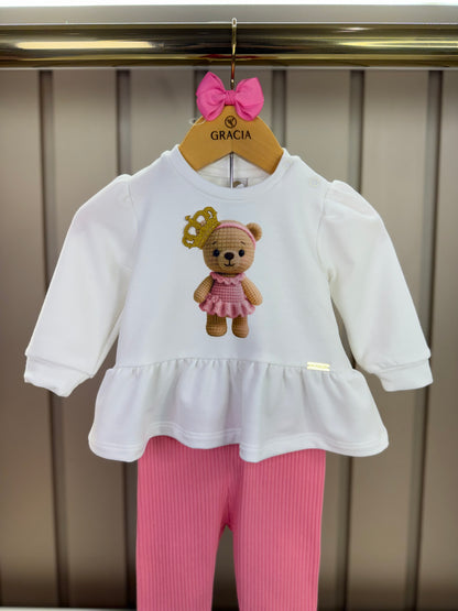 Conjunto Bebê Blusa Moletinho Urso e Calça Legging Canelada - Um Mais Um