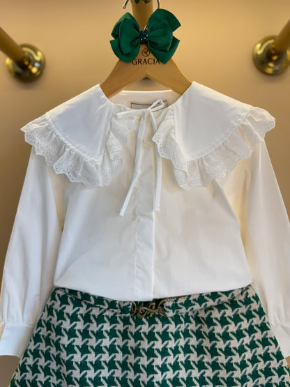 Conjunto Infantil Trio Casaco Tweed Xadrez, Camisa Gola Babados Rendas e Saia Tweed Xadrez - Animê