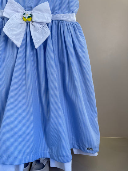 Vestido Infantil Tricoline Azul Listrado Laço Com Limões e Barra Em Tule - Gabriela Aquarela