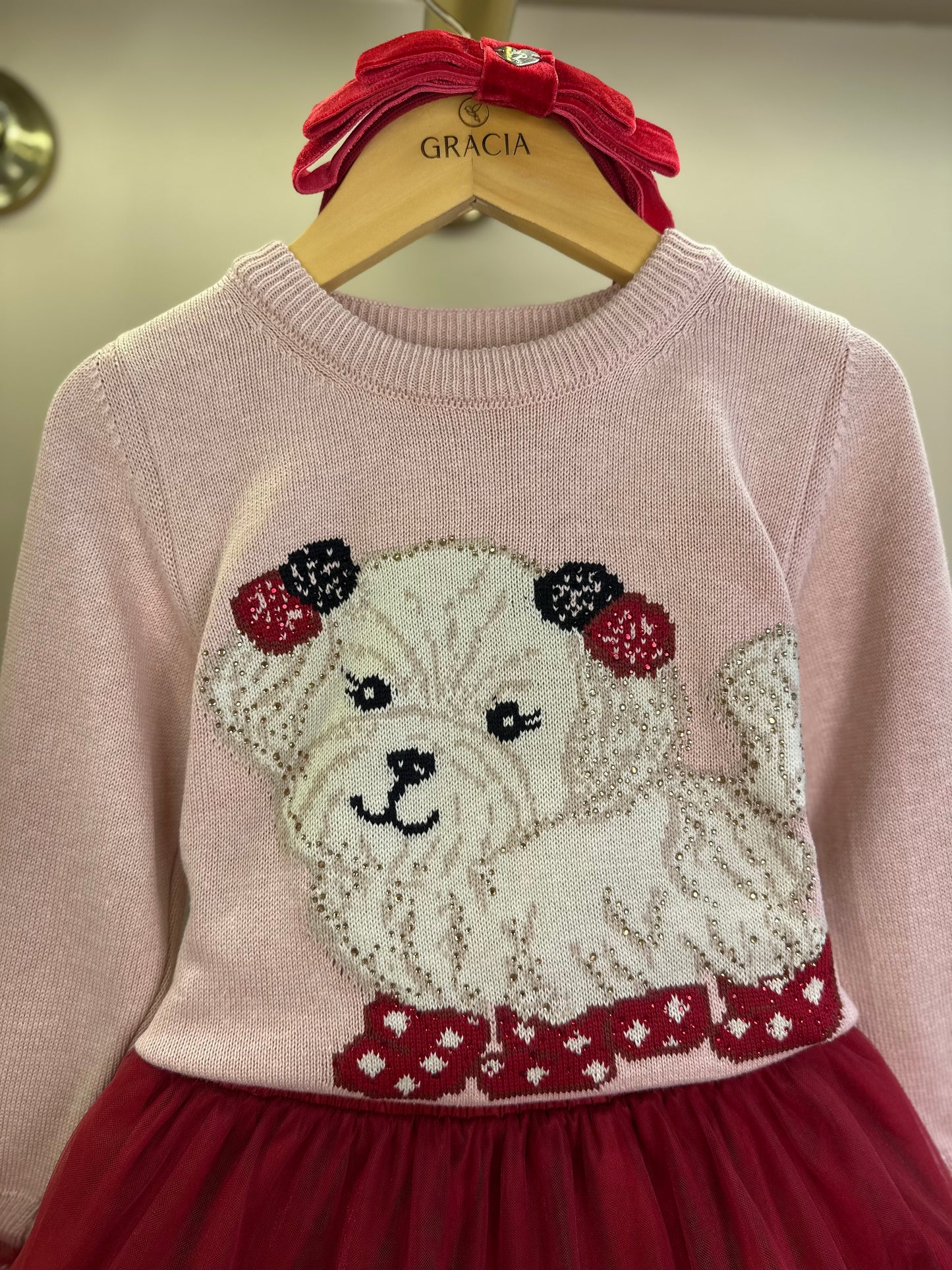 Conjunto Infantil Blusa Tricot Cachorrinhos Cristais Rosa Dolce & Saia-shorts Tule Babados Frufru Bala de Cereja - Pituc