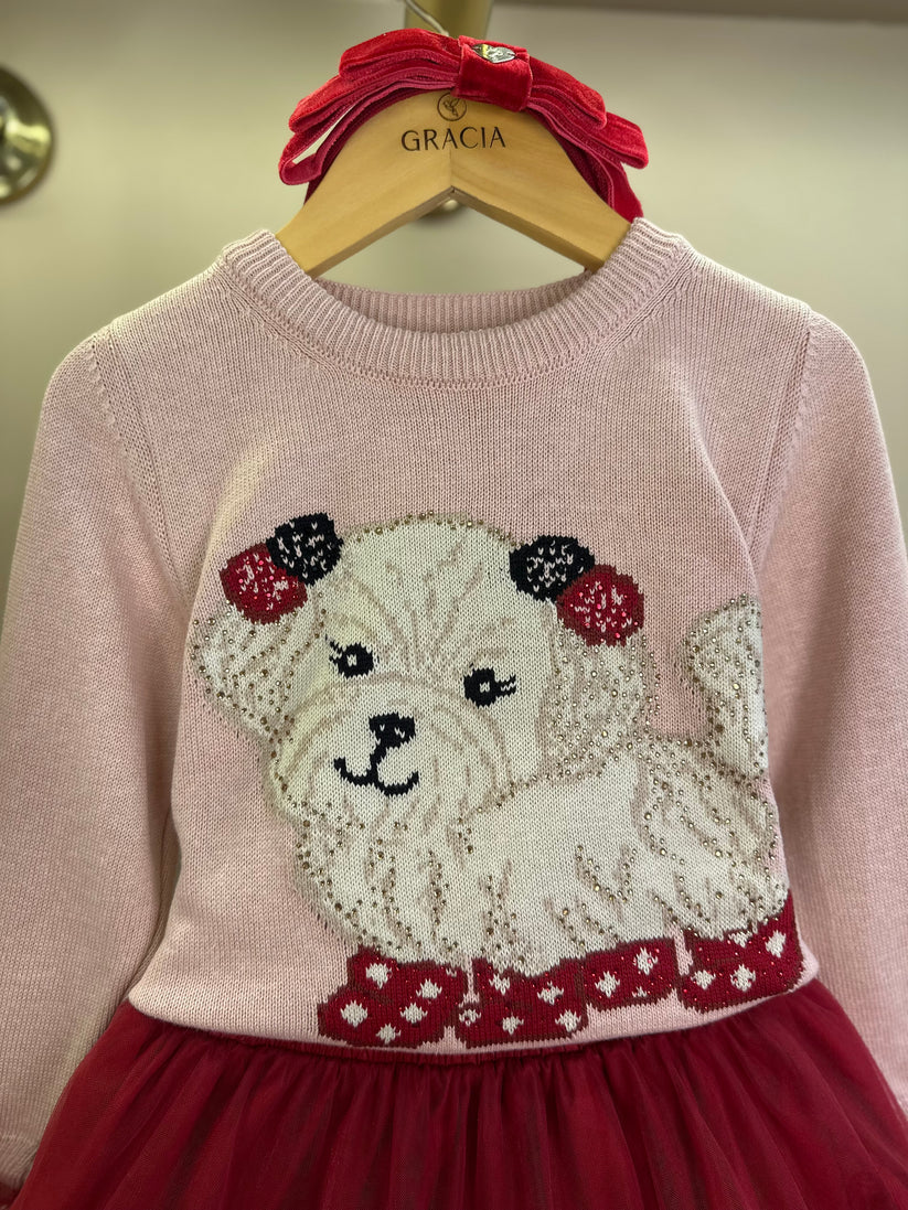 Blusa Infantil Tricot Cachorrinhos PomPom Cristais Rosa Dolce - Pituchinhus