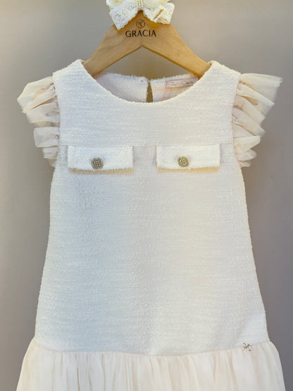 Vestido Infantil Tweed com Botão Joia e Tule - Petit Cherie