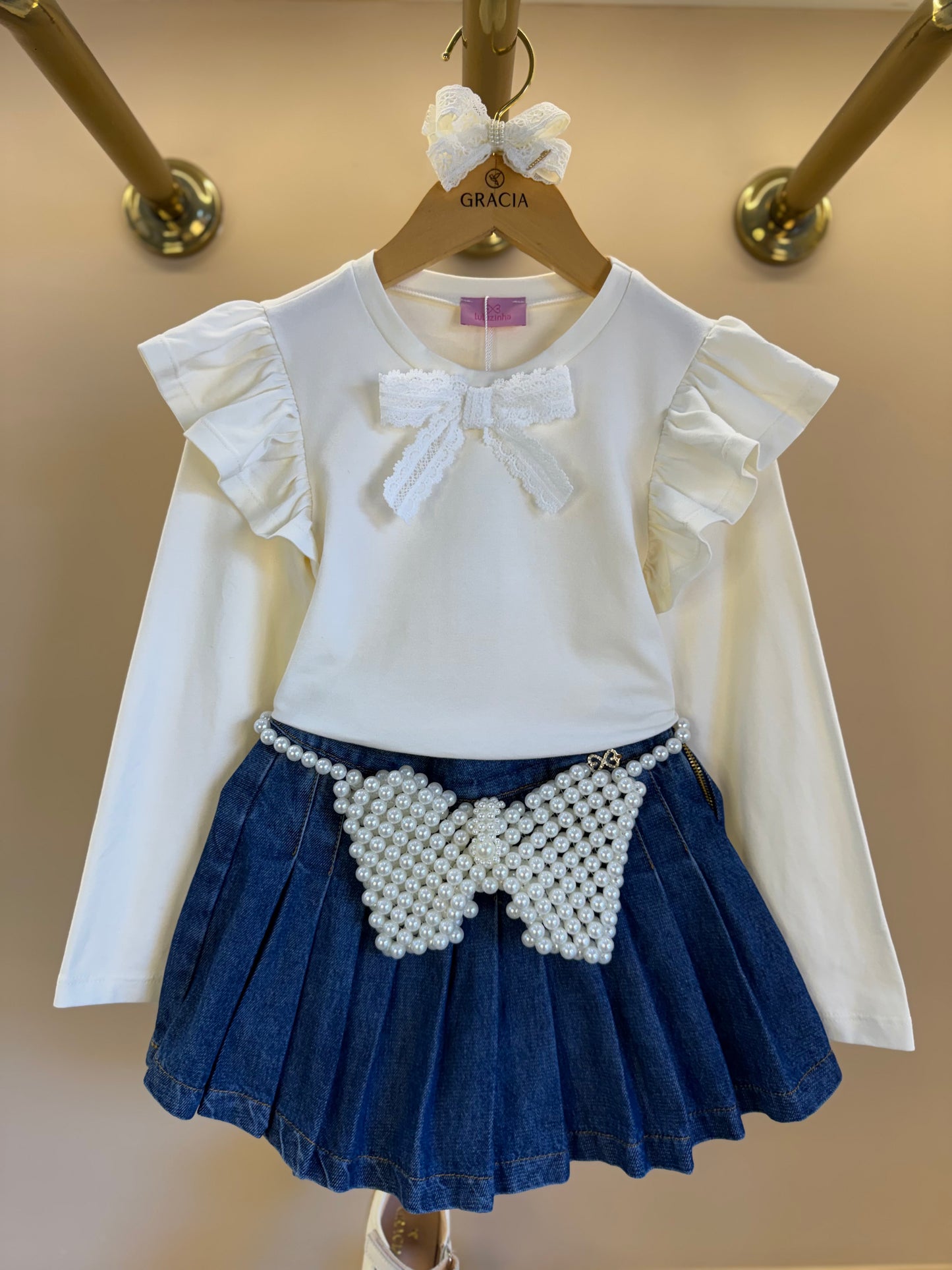 Conjunto Infantil Blusa ML Laço e Saia-shorts Jeans Pochete Laço Pérolas - Luluzinha