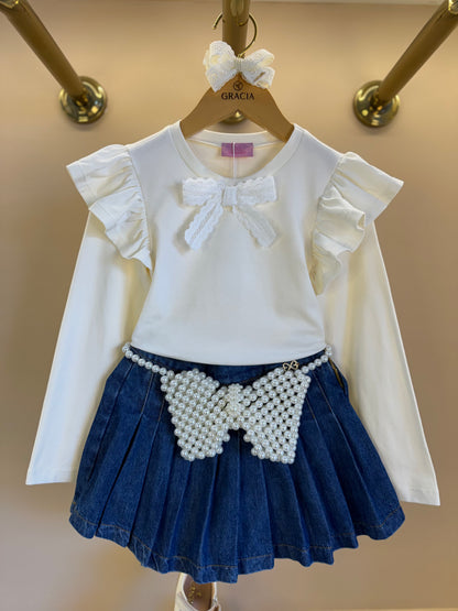 Conjunto Infantil Blusa ML Laço e Saia-shorts Jeans Pochete Laço Pérolas - Luluzinha