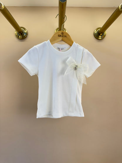 Camiseta Infantil Lacinho Tule Off White e Rosa - Gabriela Aquarela