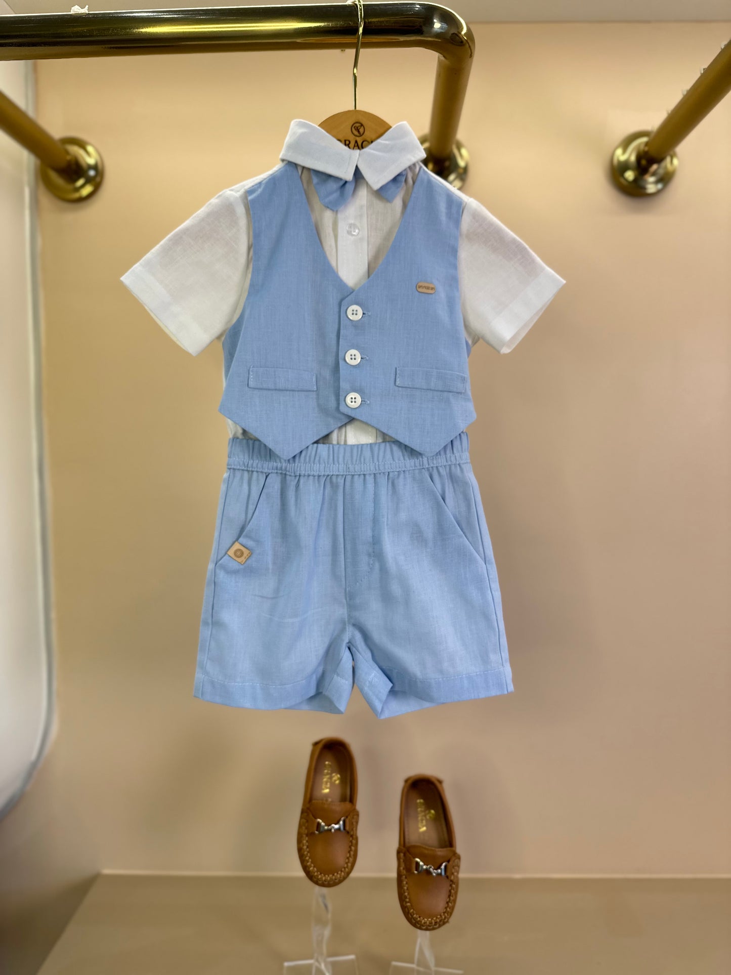 Conjunto Bebê Batizado Camisa-body e Bermuda Linho Misto Azul Claro - Um Mais Um