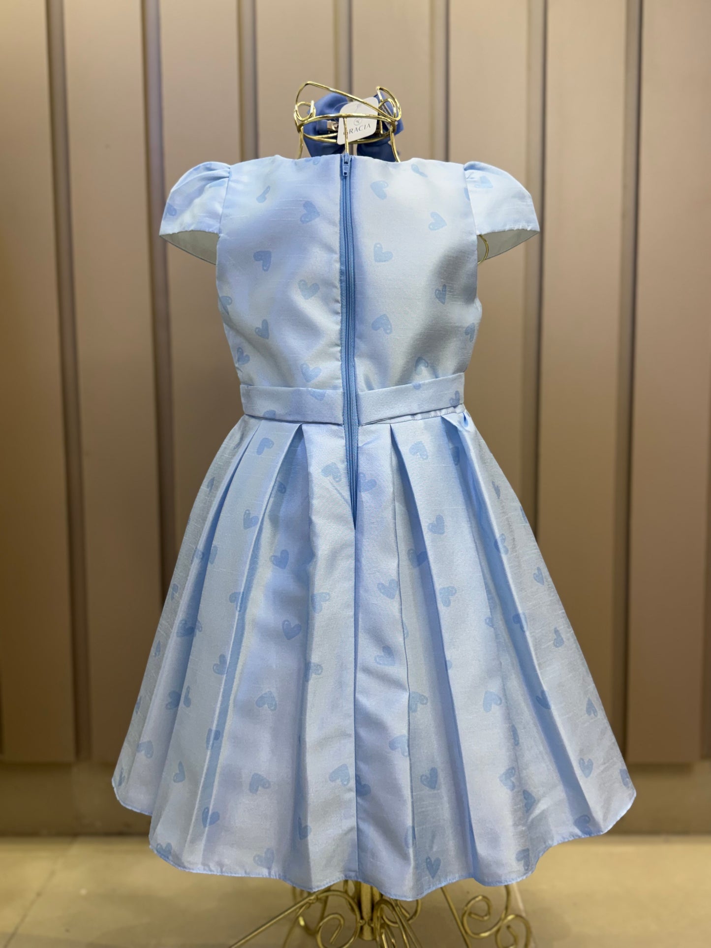 Vestido Infantil Festa Azul Corações Laço Cintura - Mon Sucré