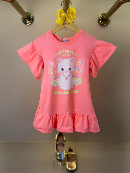 Vestido Infantil Rosa Neon Gatinha e Bolsinha Transversal Colorida - Infanti