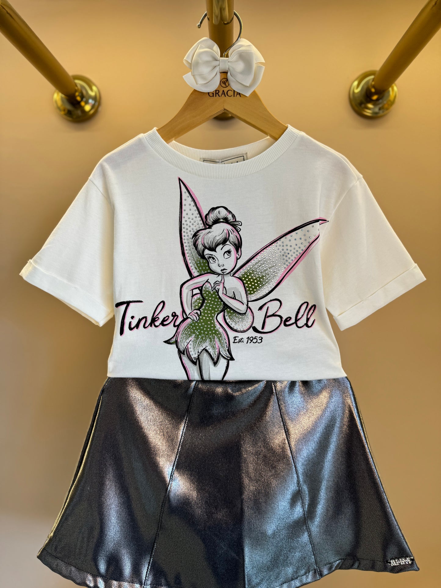 Conjunto Infantil Blusa Tiker Bell Off White e Saia Foil Prata - Animê Petite