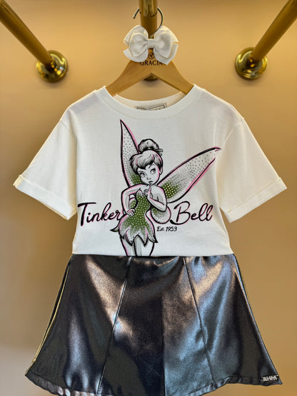 Conjunto Infantil Blusa Tiker Bell Off White e Saia Foil Prata - Animê Petite