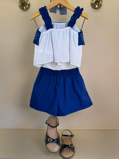 Conjunto Infantil Azul Marinho Blusa Boradado Flores e Shorts - Mon Sucré